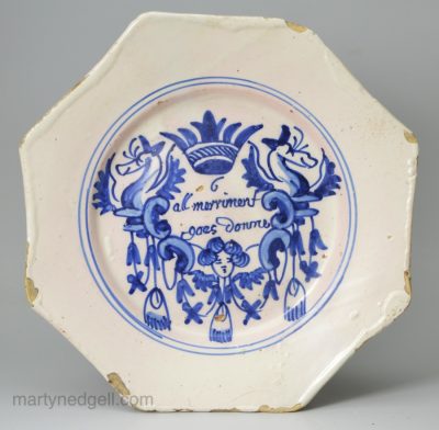 London delft Merryman plate '#6 all merriment goes Downe', circa 1690