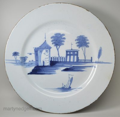 Large Bristol delft charger painted in blue, circa 1750