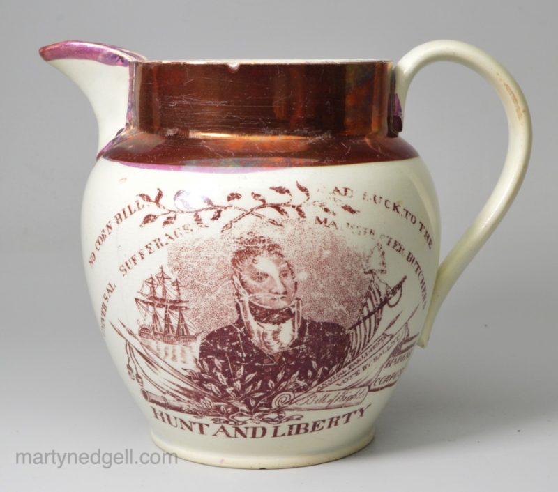 Pearlware pottery commemorative jug 'HUNT AND LIBERTY', circa 1820