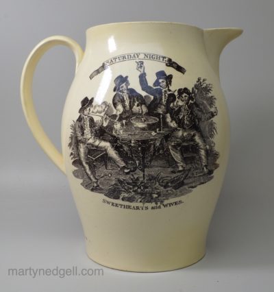 Large creamware pottery jug 'SATURDAY NIGHT' 'SWEETHEARTS and WIVES', circa 1790