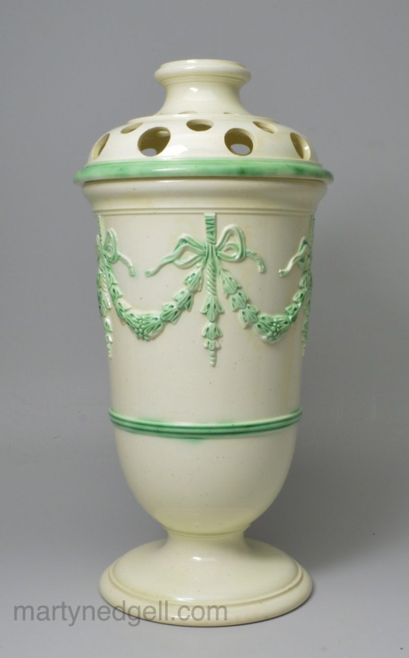 Creamware pottery tall pot pourri decorated with green under the glaze, circa 1780