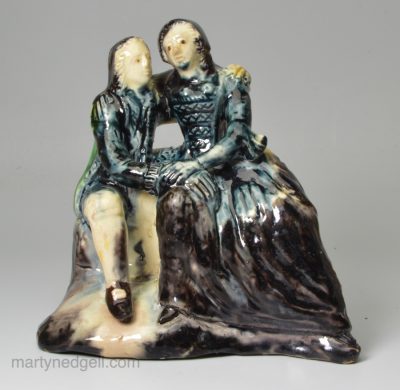 Creamware figure of the Lovers decorated with colours under the glaze, circa 1760