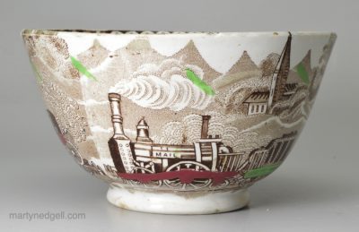 Pearlware pottery bowl printed with a steam locomotive 'MAIL', circa 1850