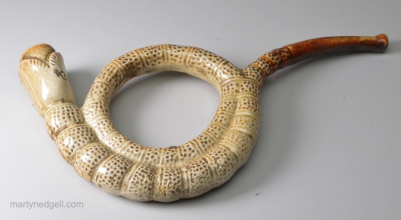 Brampton salt glaze stoneware novelty snake pipe, circa 1840