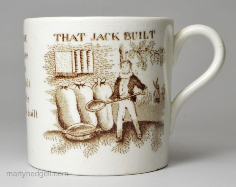 Pearlware pottery child's mug 'THE HISTORY OF THE HOUSE THAT JACK BUILT', circa 1870