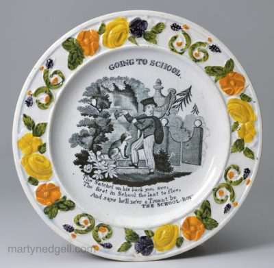 Pearlware pottery child's plate 'GOING TO SCHOOL', circa 1820