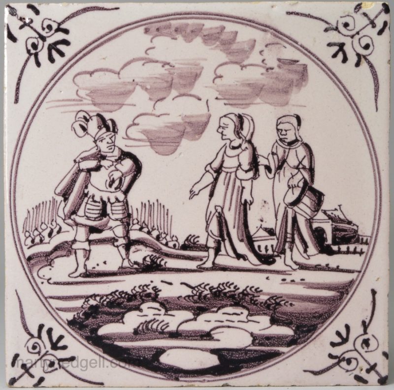 Dutch Delft Biblical tile, 'Jephthah returns home to be met by his daughters' circa 1750