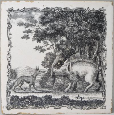 Liverpool Delft tile decorated with a Sadler print, Æsop's Fable 'The Fox and the Wild Boar', circa 1760