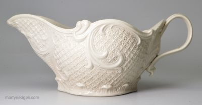 Staffordshire white saltglaze stoneware large sauce boat, circa 1760