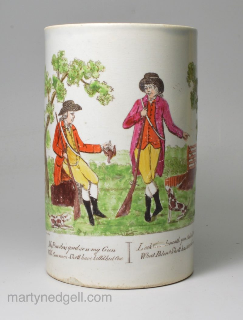 Staffordshire pearlware pottery mug 'Patents Shot', circa 1790, John Aynsley Lane End