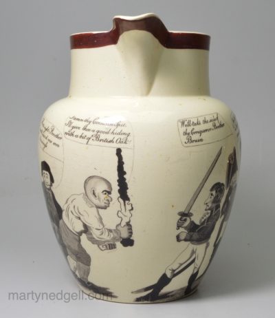 Creamware pottery commemorative jug with cartoons lampooning Napoleon, circa 1803