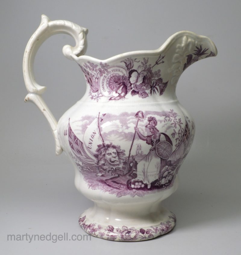 Pearlware pottery commemorative jug printed with 'REFORM' transfers under the glaze, circa 1832