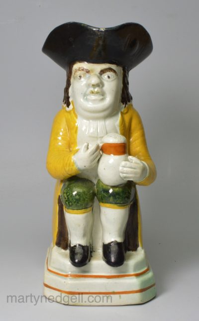 Small size prattware pottery Toby jug, circa 1820