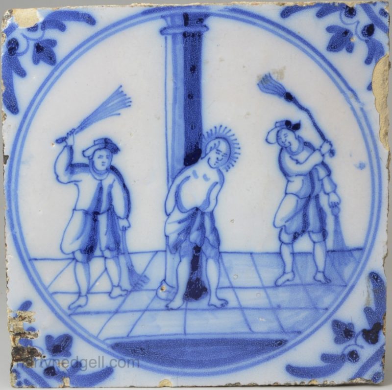 London delft biblical tile, Christ being whipped at the column, circa 1750