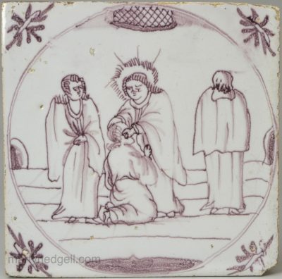 Bristol delft biblical tile, Christ healing the blind man, circa 1740