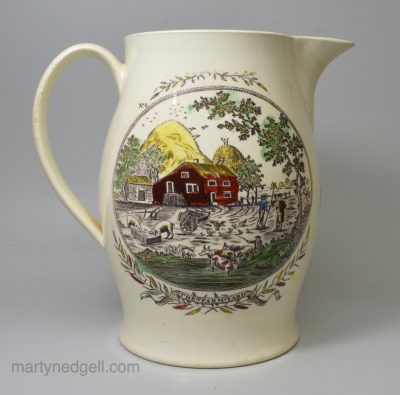 Creamware pottery jug printed with 'THE FARMYARD', circa 1780