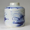 Pearlware pottery tea canister decorated in underglaze blue, circa 1800