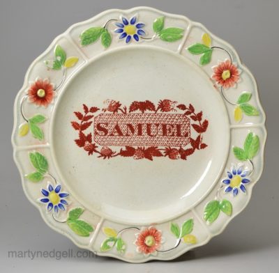 Pearlware pottery child's plate 'SAMUEL', circa 1830