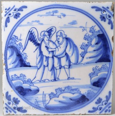 London delft biblical tile, Jacob wrestling with an angel, circa 1750