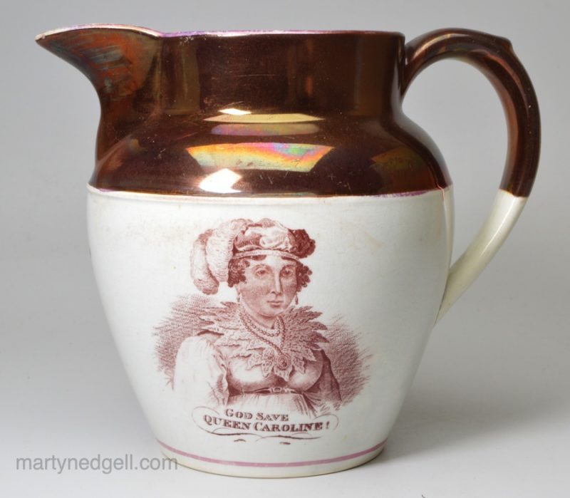 Pearlware pottery commemorative jug 'GOD SAVE QUEEN CAROLINE', circa 1821