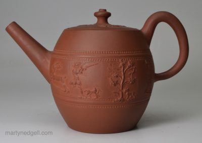 Staffordshire red stoneware teapot decorated with hunting sprigs, circa 1770