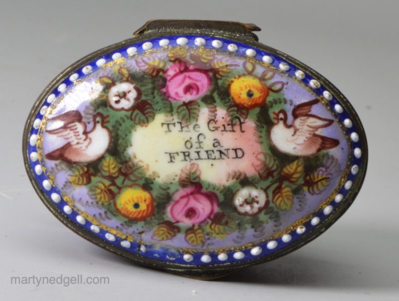 Bilston enamel patch box 'The Gift of a FRIEND', circa 1780