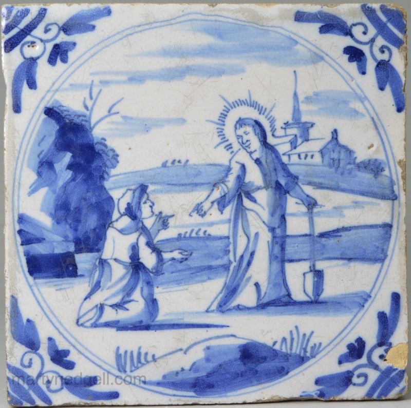 London delft Biblical tile, 'Jesus appears before Mary Magdalene as a gardener after crucifixion', circa 1750