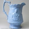 Blue pottery moulded commemorative jug with the MPs Peel and Cobden, circa 1850