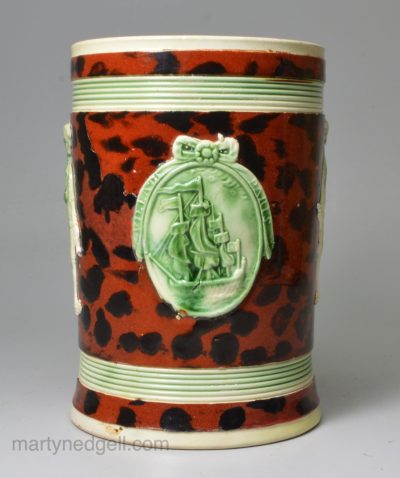 Creamware mug decorated with applied sprigs commemorating the Battle of the Saintes circa 1782, Ville de Paris, Lord Rodney and Lord Hood