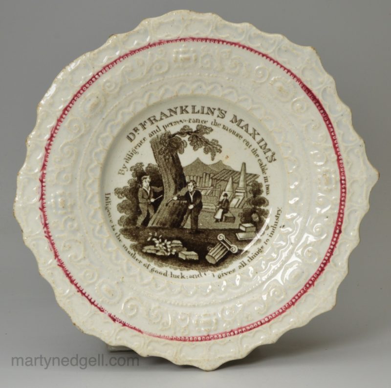 Pearlware pottery child's plate Dr. Franklin's Maxims, circa 1830