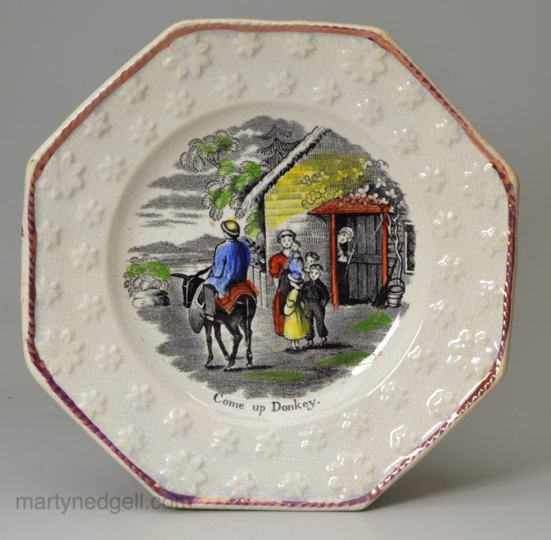 Pearlware pottery child's plate, 'Come up Donkey' circa 1840