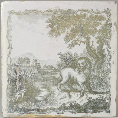 Liverpool delft tile decorated with an Æsop's fable Sadler print 'The Lion and the Frog', circa 1770