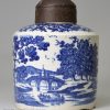 Pearlware pottery tea canister decorated with a blue transfer print under the glaze, circa 1800