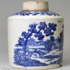 Pearlware pottery tea canister decorated with a blue transfer print under the glaze, circa 1800