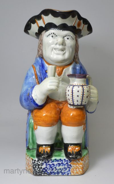 Yorkshire type prattware pottery Toby jug, circa 1820, probably Ferrybridge Pottery