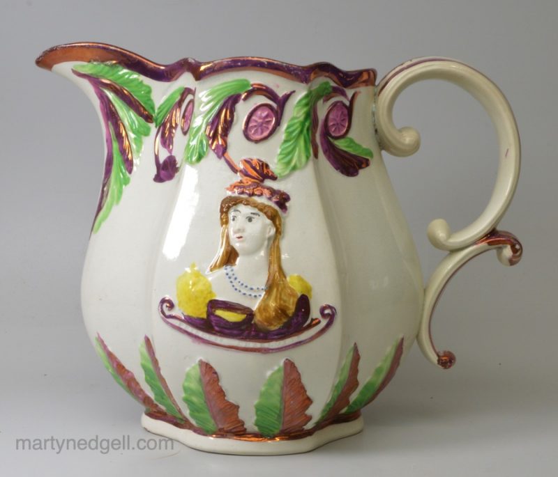 Pearlware pottery jug moulded with Princess Charlotte and Prince Leopold, circa 1815