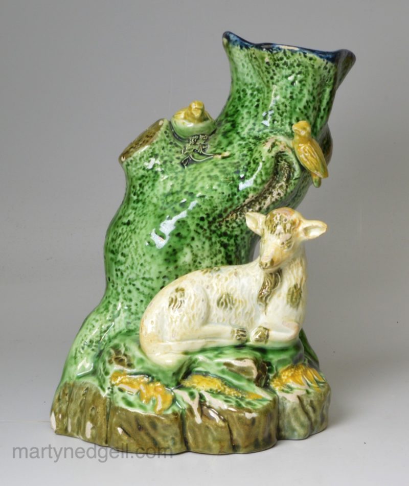 Pearlware pottery spill vase with a goat and birds, circa 1790