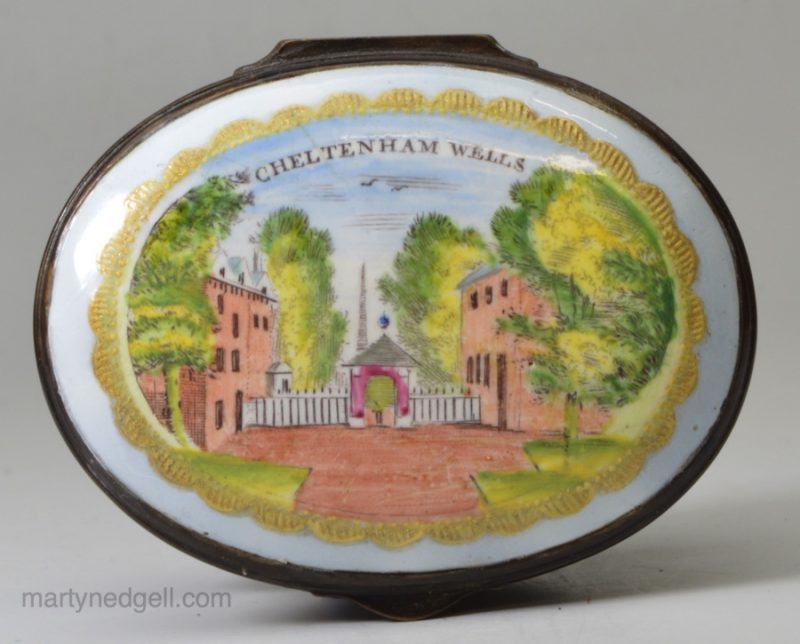 Bilston enamel snuff box 'CHELTENHAM WELLS', circa 1780