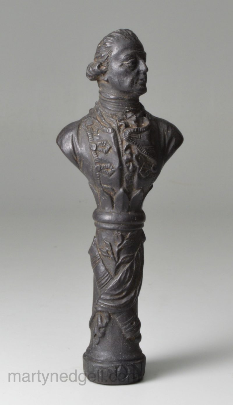 Black basalt commemorative pipe tamper, Lord Rodney, circa 1795