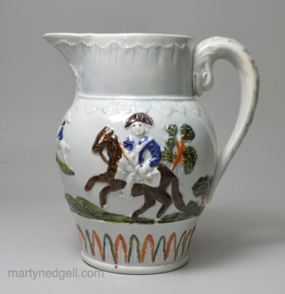 Prattware pottery jug moulded with the Duke of Cumberland and Hercules slaying the Hydra, circa 1800