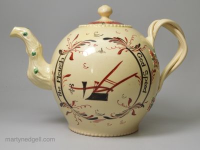 Creamware pottery tea pot, 'God Speed the Plough', circa 1780