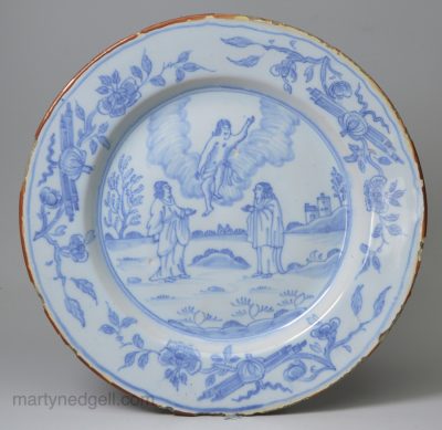 Liverpool Delft plate, circa 1760 painted in blue with a scene from the bible 'Ascension'