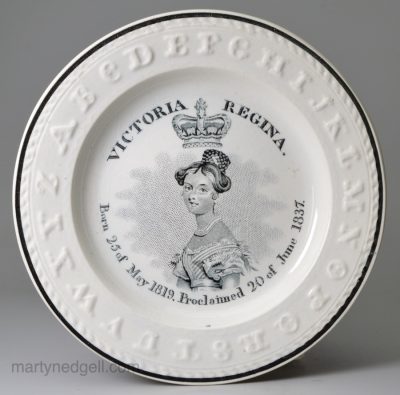 Pearlware pottery alphabet commemorative plate for the Proclamation of Victoria to the throne, 20th June 1837