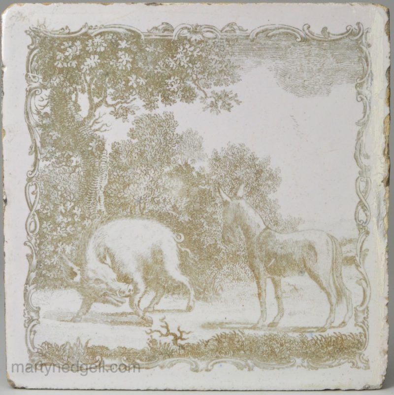 Liverpool delft tile decorated with an Æsop's fable Sadler print 'The Boar and the Ass', circa 1770