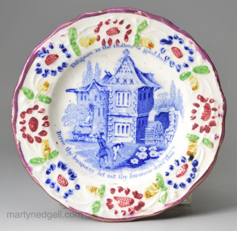 Pearlware pottery child's plate, 'Diligence is the mother of good-luck', 'Drive thy business let not thy business drive thee', circa 1830