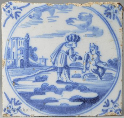 Dutch Delft biblical tile, 'King David covet Bathsheba', circa 1740