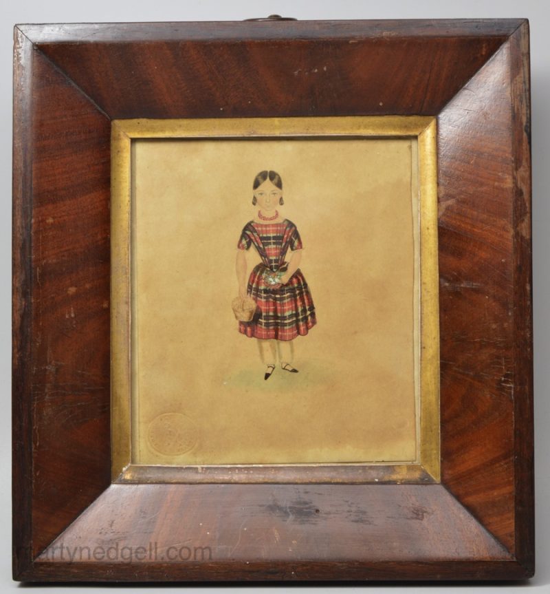 Naive watercolour of a young girl in a plaid dress, circa 1830