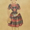 Naive watercolour of a young girl in a plaid dress, circa 1830