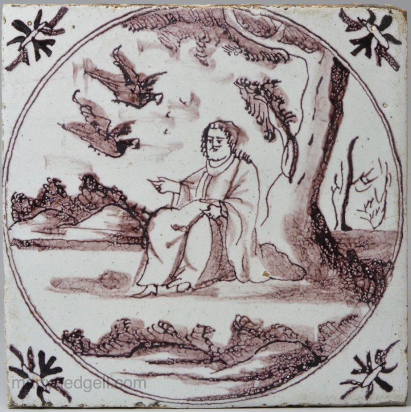 Bristol delft Biblical tile, Elijah and the Ravens, circa 1740