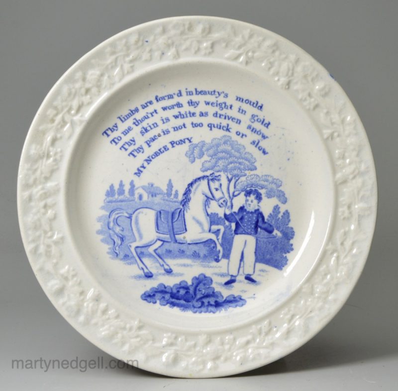 Pearlware pottery child's plate 'MY NOBLE PONY', circa 1820